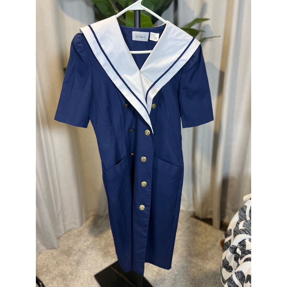 Manikin Vintage Navy Blue Sailor Collar Midi Dress Gold Button Nautical Size 8